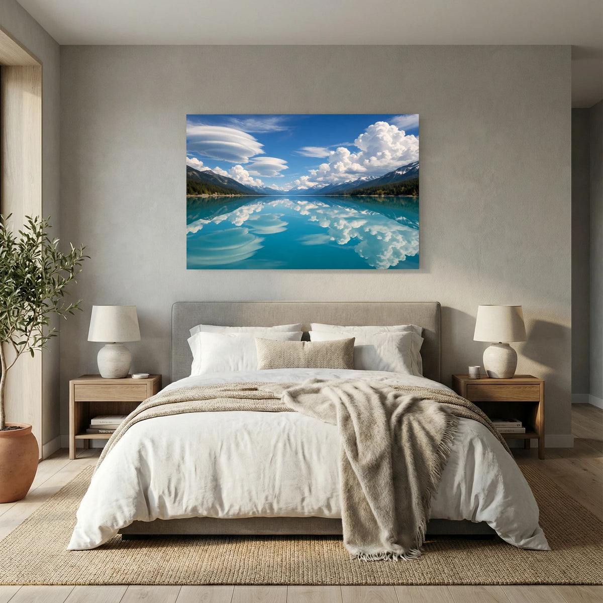 Querformat-Wandbild über Bett: blauer See, Berge und Wolken am Himmel