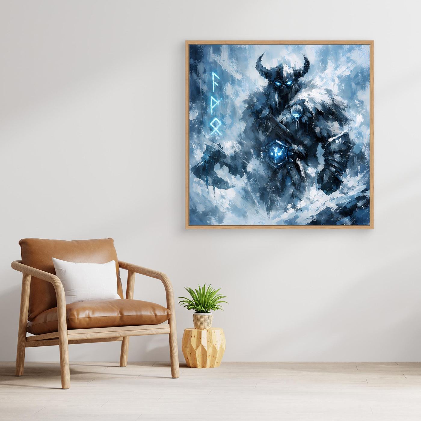 Wandbild mit blauem Wikinger-Krieger im Schneesturm in goldfarbenem Holzrahmen