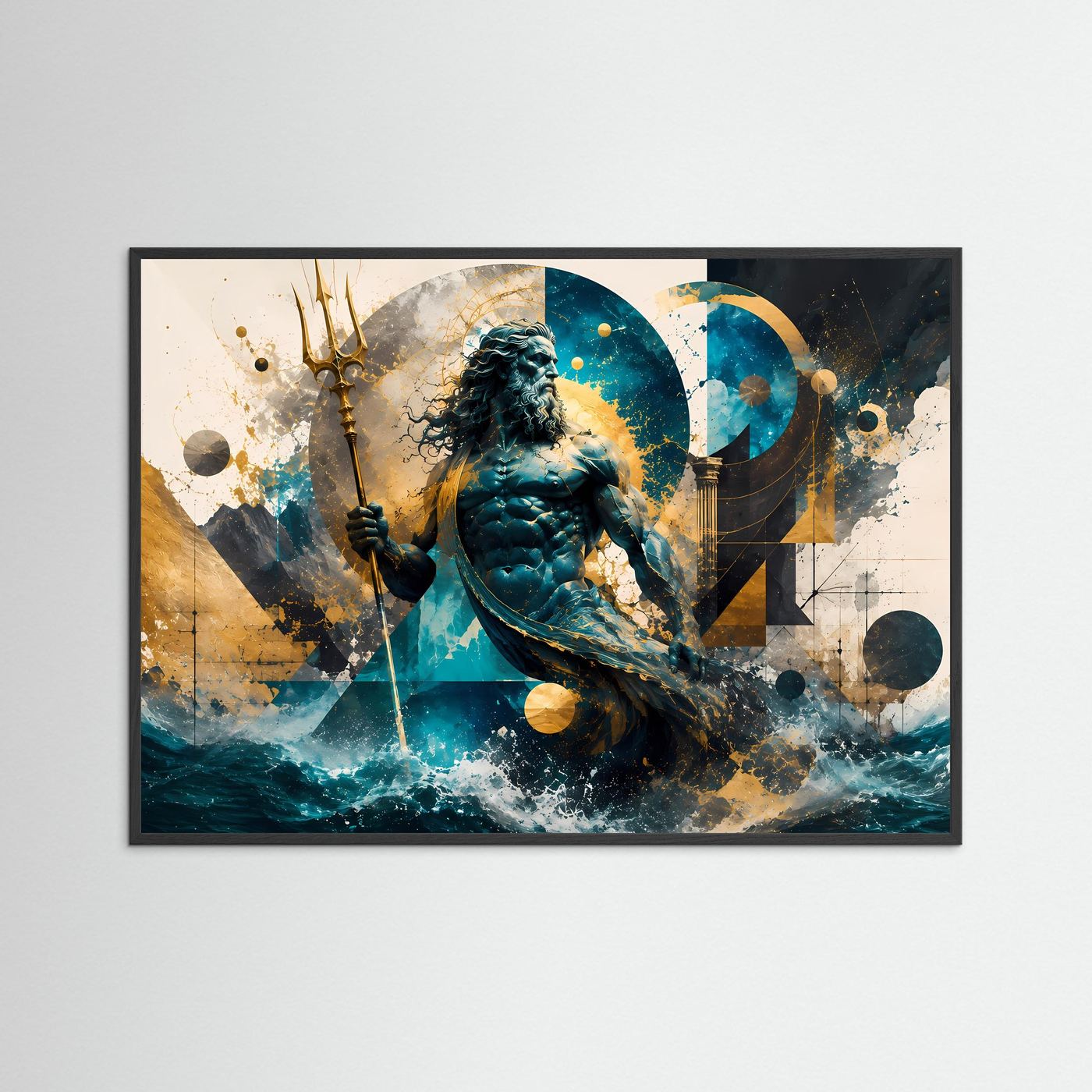 Poseidon Poster | Abstrakte Griechische Mythologie Wandkunst | Meeresgott mit Dreizack | Moderne Leinwand | Geometrische Fantasy Kunst