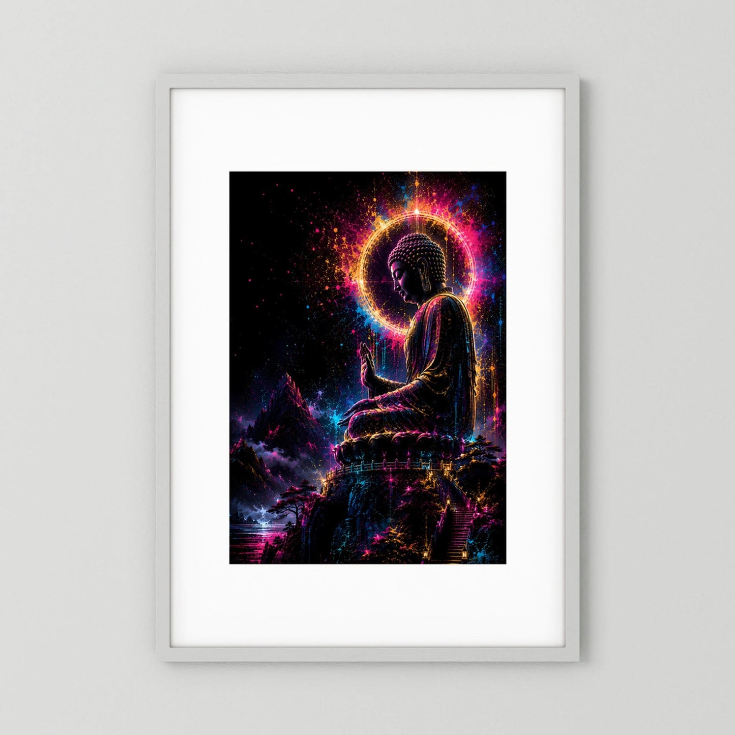 Hochformatiges Poster mit sitzendem Buddha im Neonlicht, leuchtender Aura