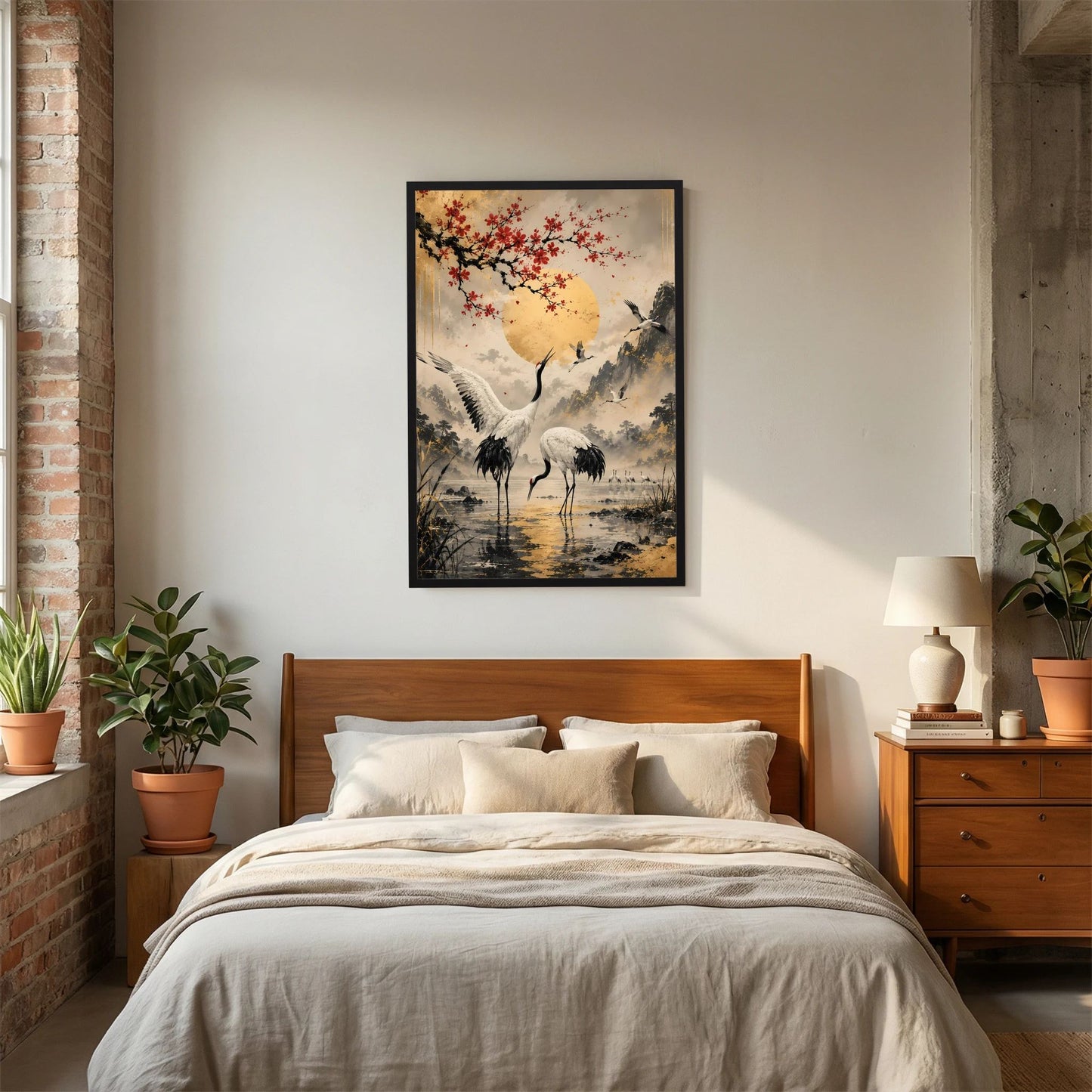 Poster im Hochformat: Kraniche, roter Blütenzweig und goldene Sonne, schwarzer Rahmen