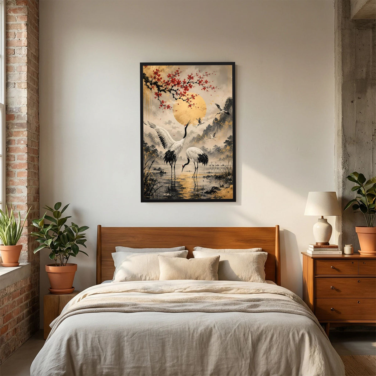 Poster im Hochformat: Kraniche, roter Blütenzweig und goldene Sonne, schwarzer Rahmen