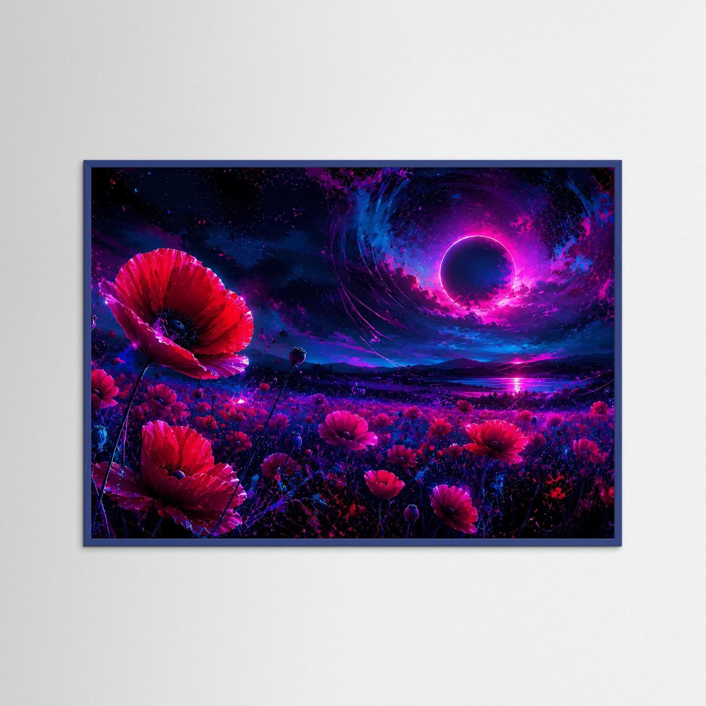 Mohnblumen Poster Querformat | Neon Fantasy Landschaft mit Mond | Abstrakte Moderne Wandkunst
