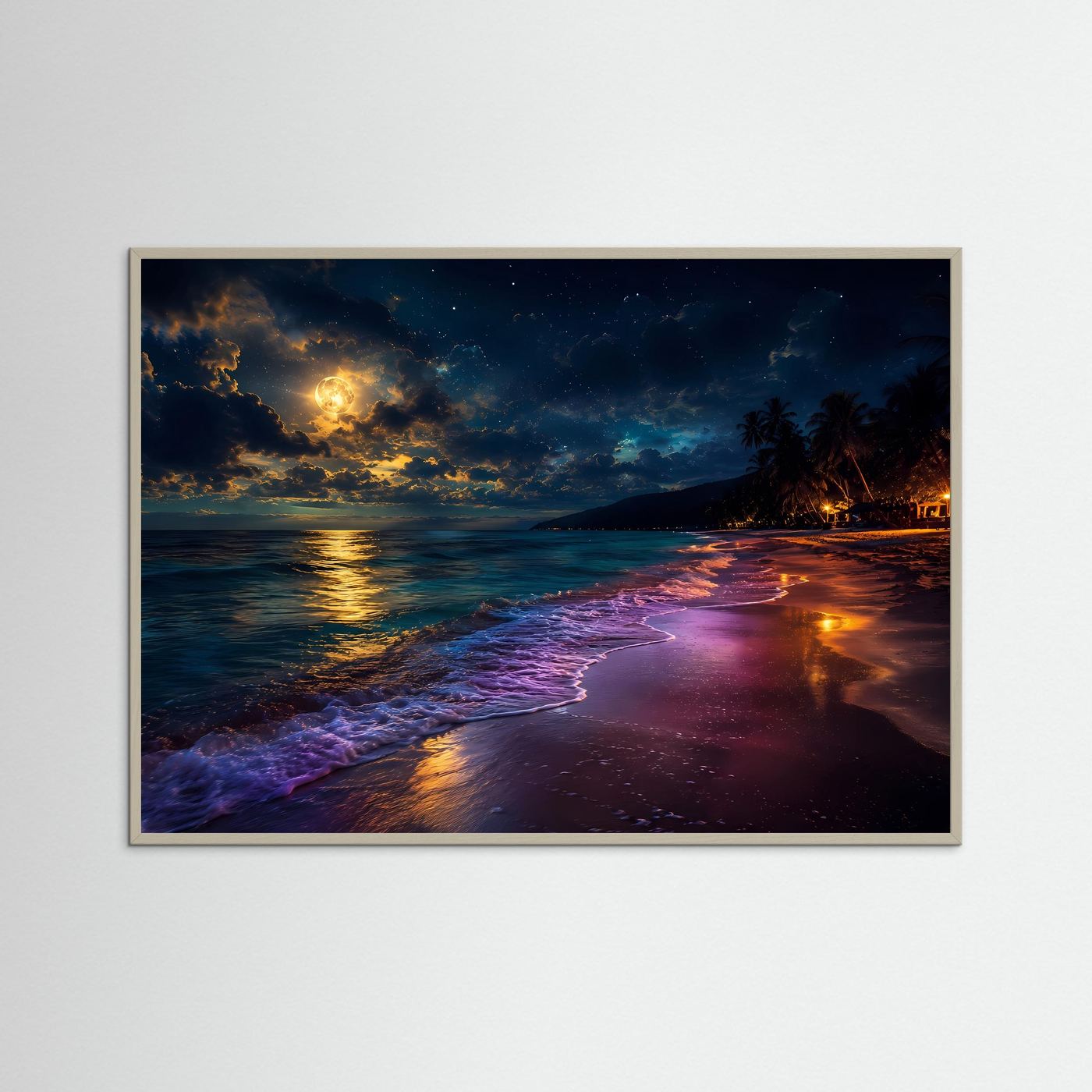 Mondschein Strand Poster Querformat | Tropische Nacht am Meer | Leuchtender Vollmond & Ozean Wandbild