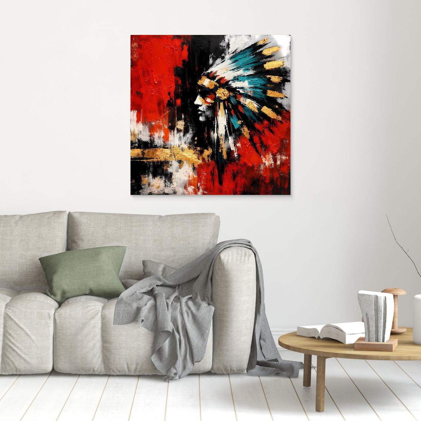 Leinwand-Wandbild mit abstraktem Porträt, Rot, Schwarz, Weiß und Türkis, ohne sichtbaren Rahmen