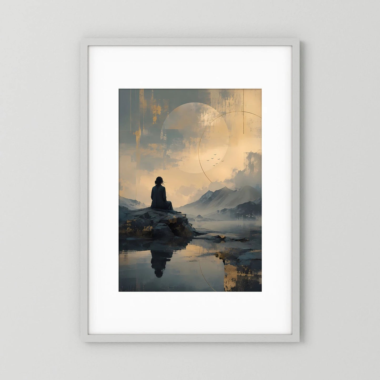 Hochformat-Poster mit meditierender Silhouette auf Felsen im See unter hellem Mond