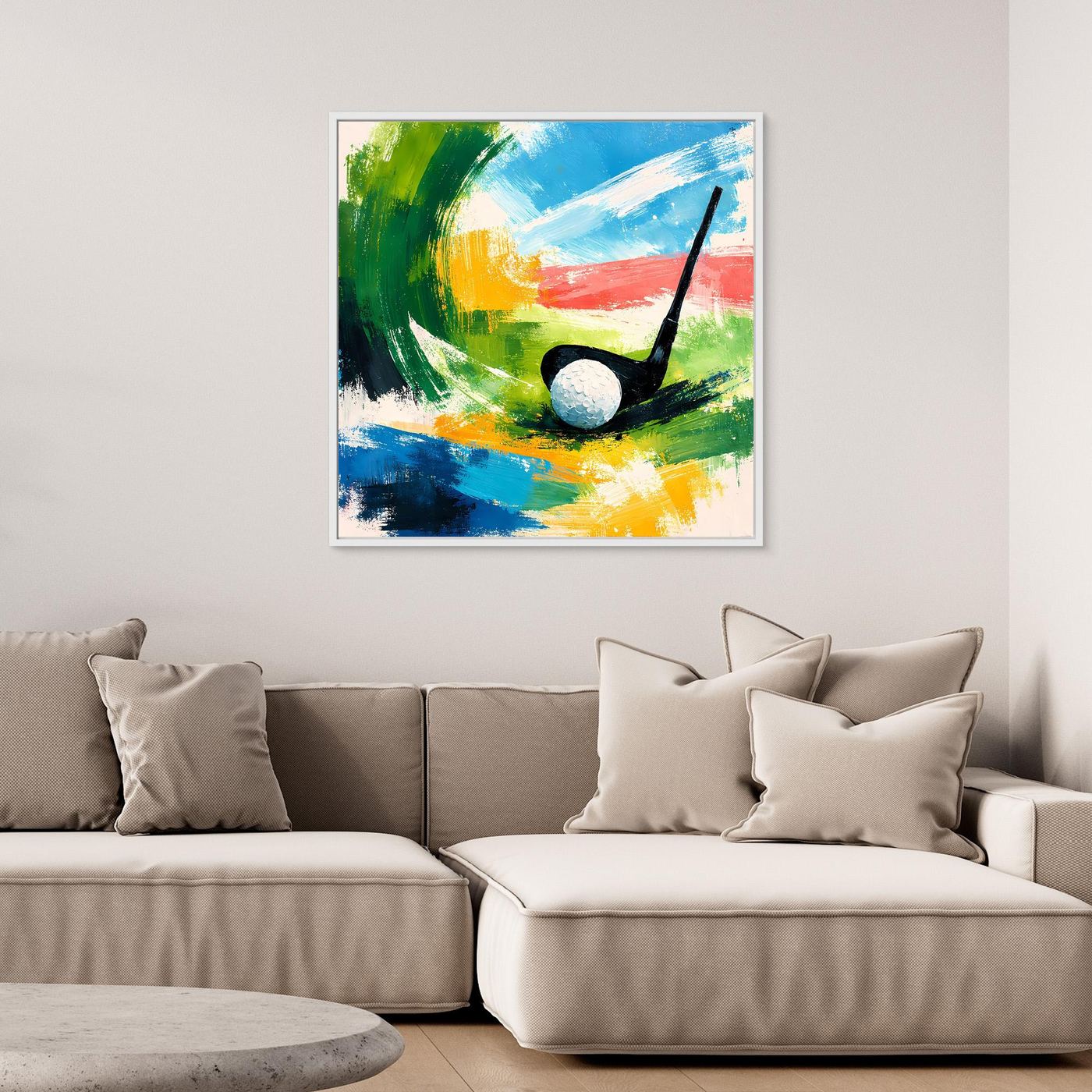 Abstraktes Leinwand-Wandbild mit Golfmotiv im weißen Rahmen: schwarzer Schläger, grauer Ball