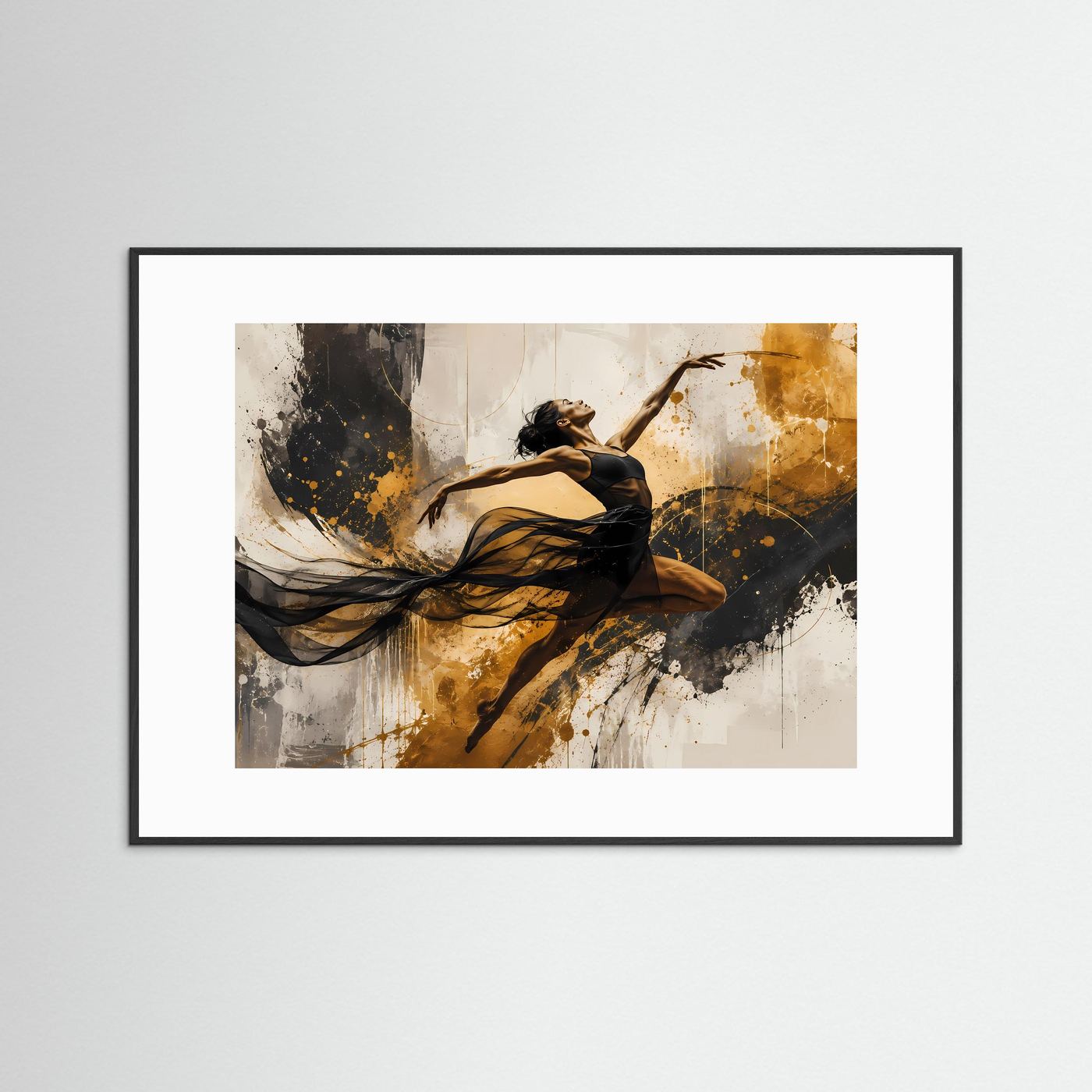 Dynamische Tänzerin in Schwarz, Weiß & Gold | Abstraktes Kunstposter im Querformat | Modernes Wandbild
