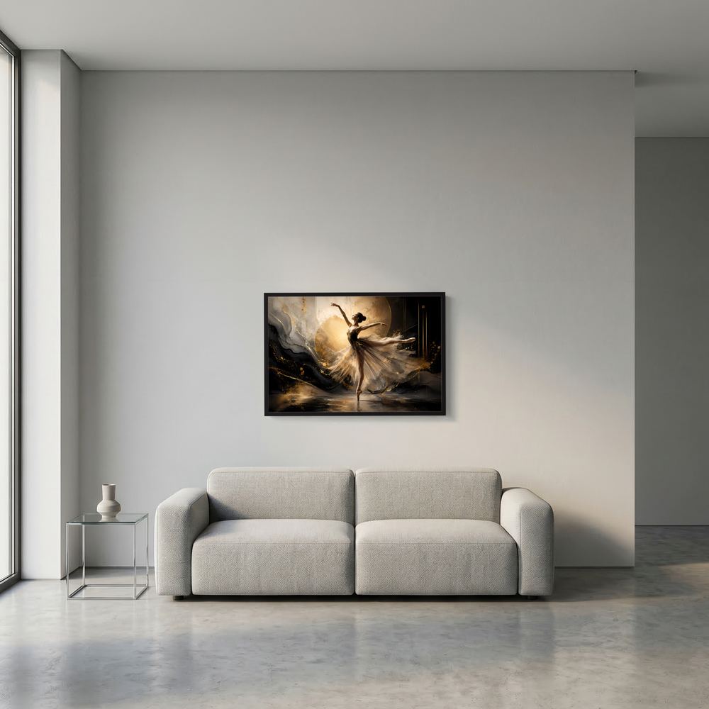 Poster Querformat mit tanzender Ballerina: schwarz, Creme und Gold, schwarzer Rahmen