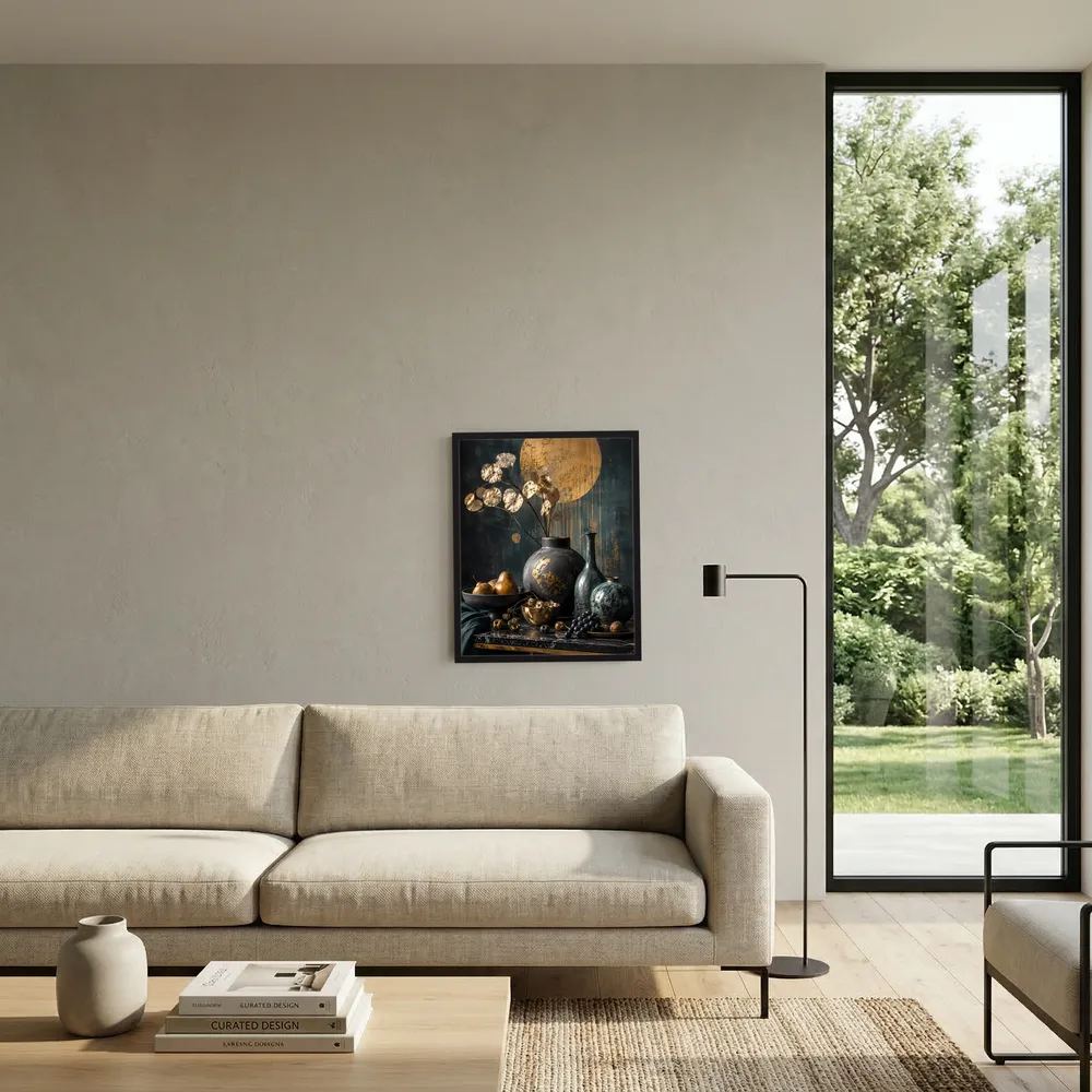 Hochformatiges Kunstposter mit goldenen Blättern und Vasen, schwarz gerahmt, dunkler Stil.