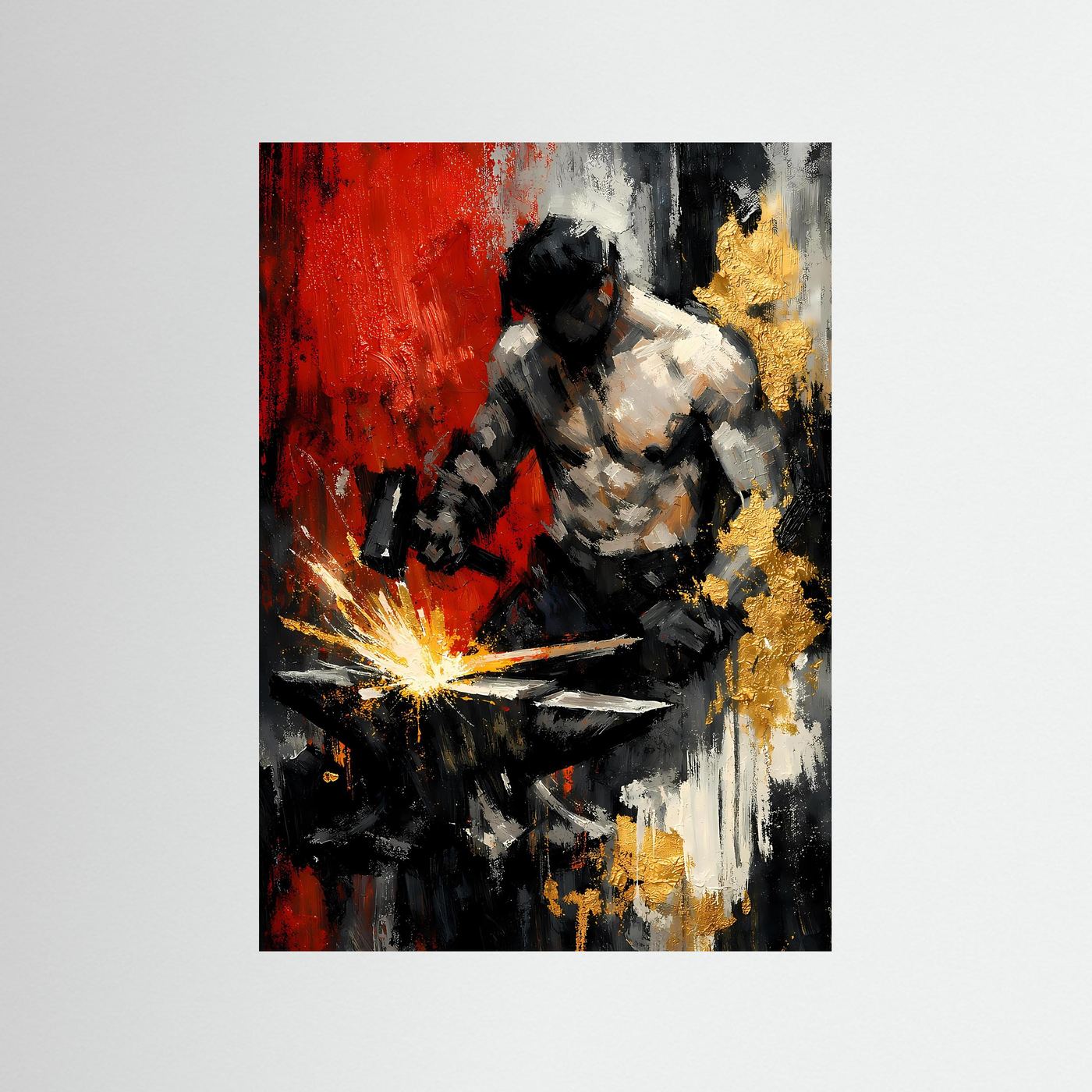 Abstraktes Schmiedekunst-Poster (Hochformat) mit Figur, Feuerrot, Gold und Anthrazit