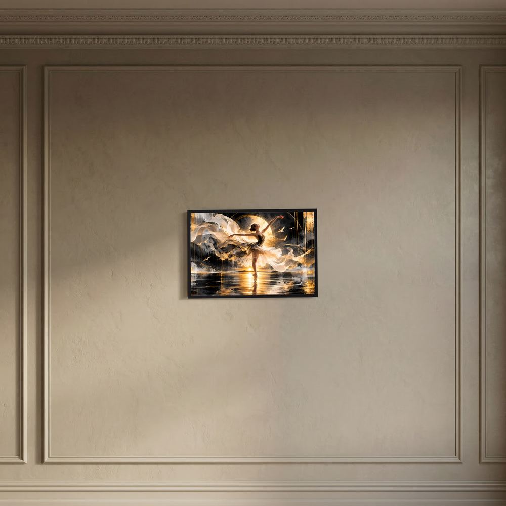 Wandposter im Querformat mit gold-schwarzer Ballerina, Lichtkreis und Spiegelung, schwarz gerahmt