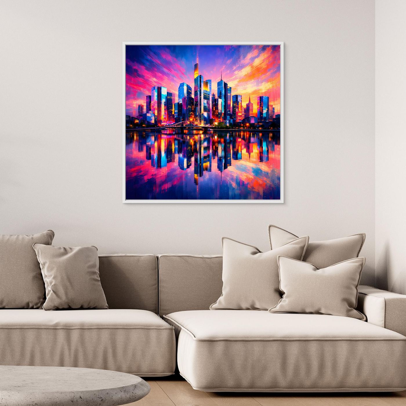 Leinwand Farbenfrohe Frankfurt Skyline bei Sonnenuntergang | Modernes Wandbild