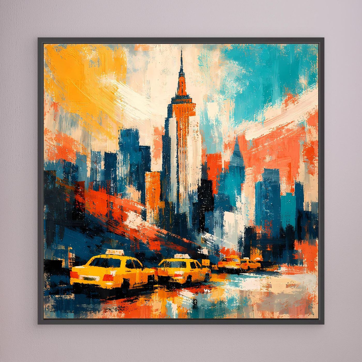 Abstraktes Leinwand-Wandbild mit Skyline und gelben Taxis, schwarz gerahmt