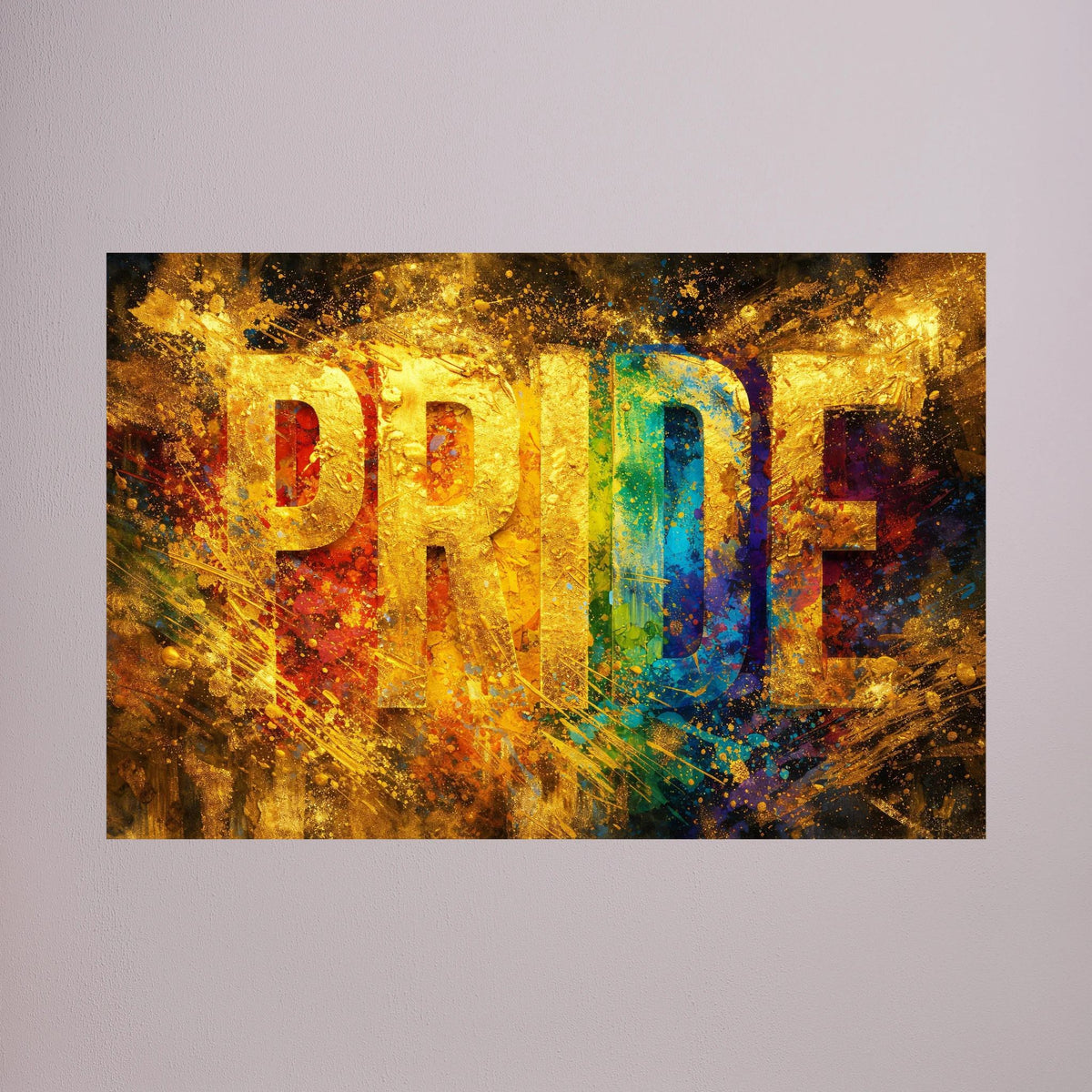 Wandbild-Poster im Querformat mit goldener PRIDE-Typografie, rot-blau-grünem Farbverlauf