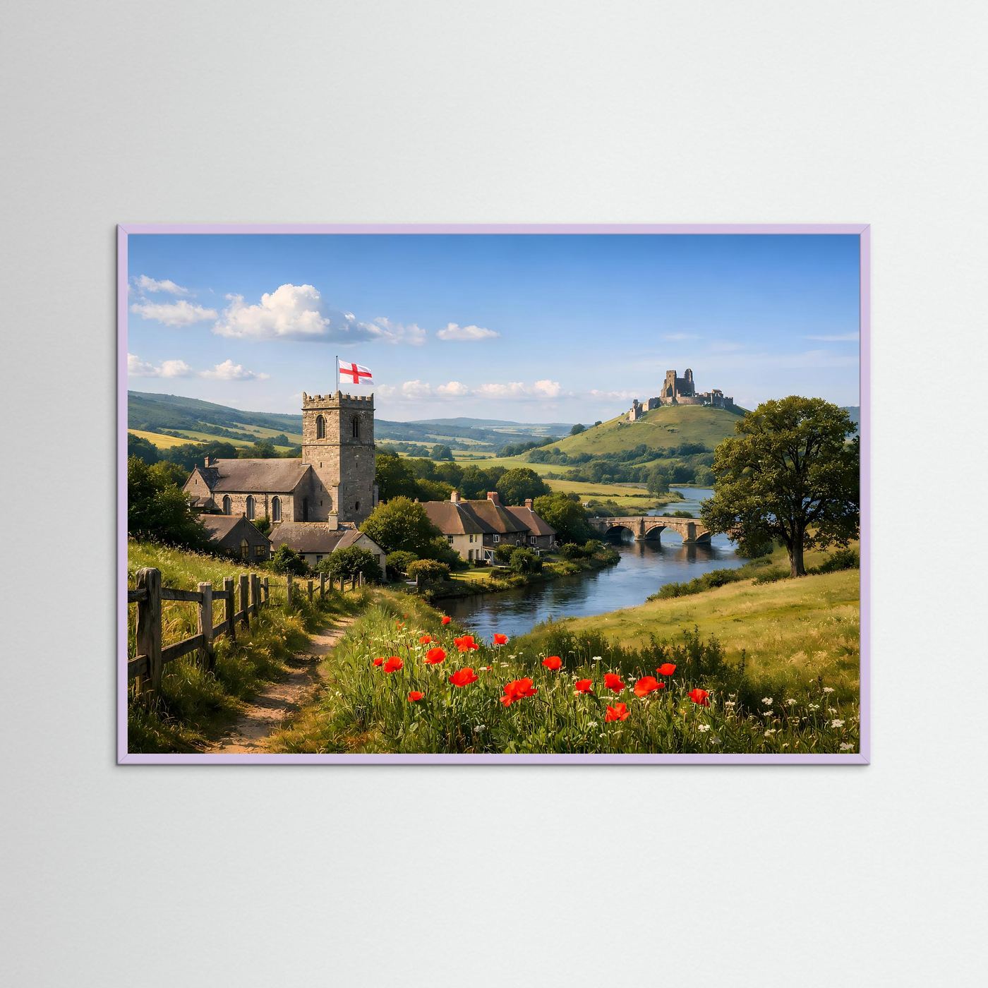 Panorama-Naturposter mit Burgruine, Fluss und roten Mohnblumen im blauen Rahmen