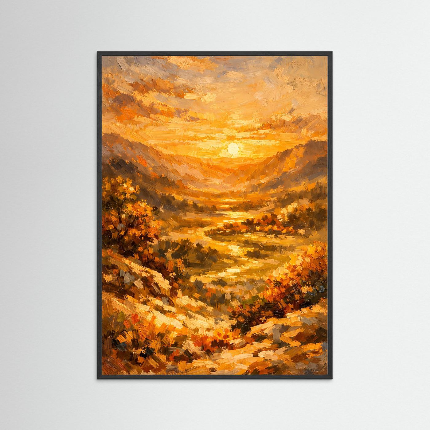 Hochformatiges Ölgemälde-Poster im schwarzen Holzrahmen mit warmem Sonnenuntergang