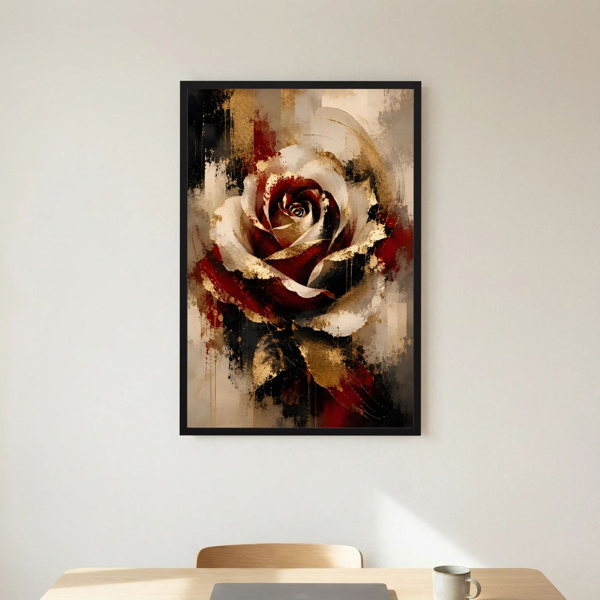 Hochformat-Poster mit abstrakter Rose in Rot, Gold und Schwarz, schwarz gerahmt