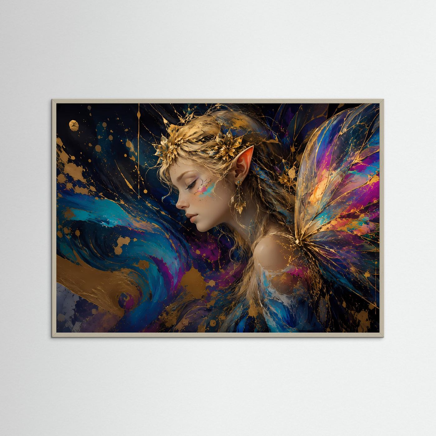 Fantasy-Elfen-Poster mit grauem Rahmen: Elfe im Profil, goldene Krone und bunte Schmetterlingsflügel