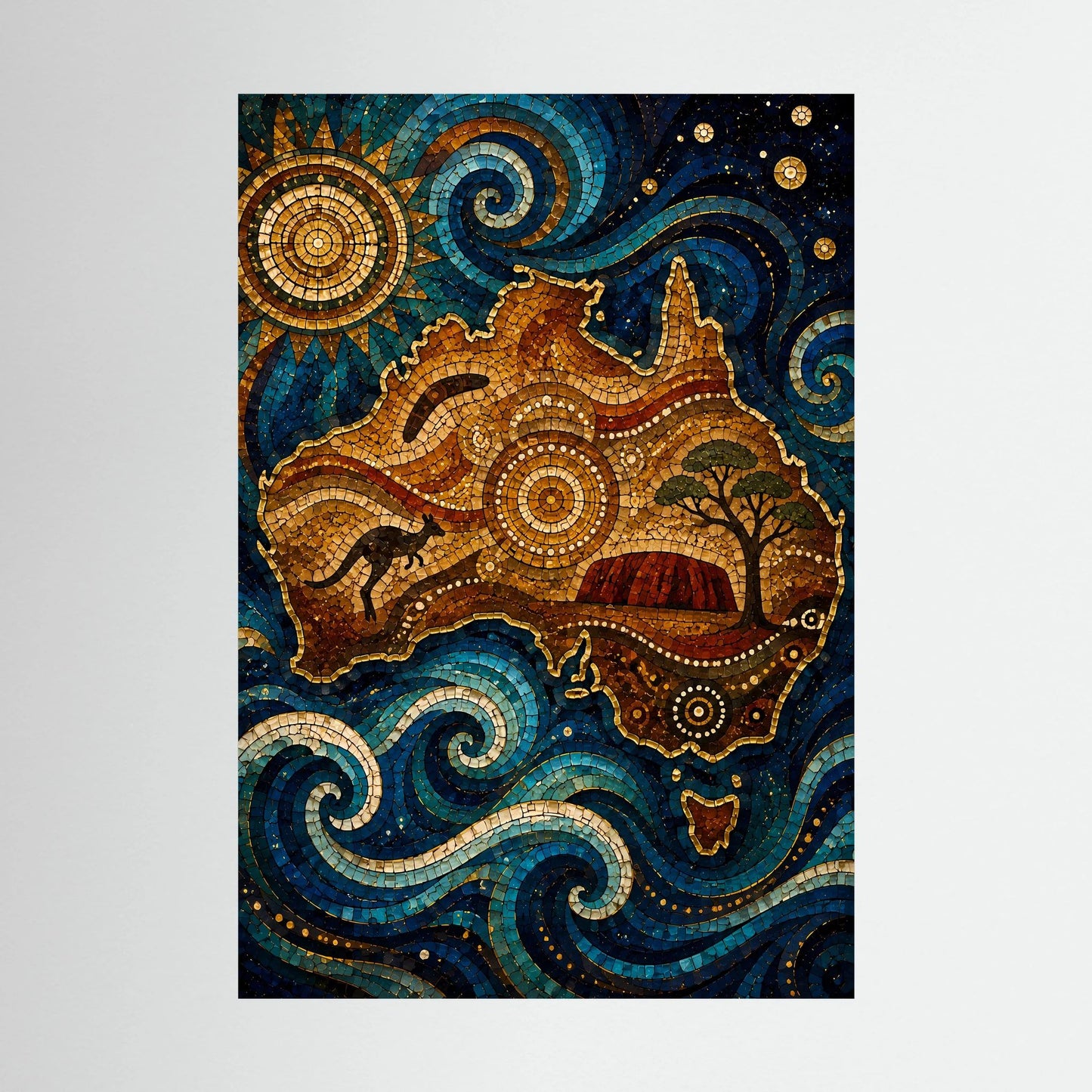 Hochformat-Poster mit Mosaiklandschaft: Känguru, Relief und Wirbelwellen in Blau und Gold