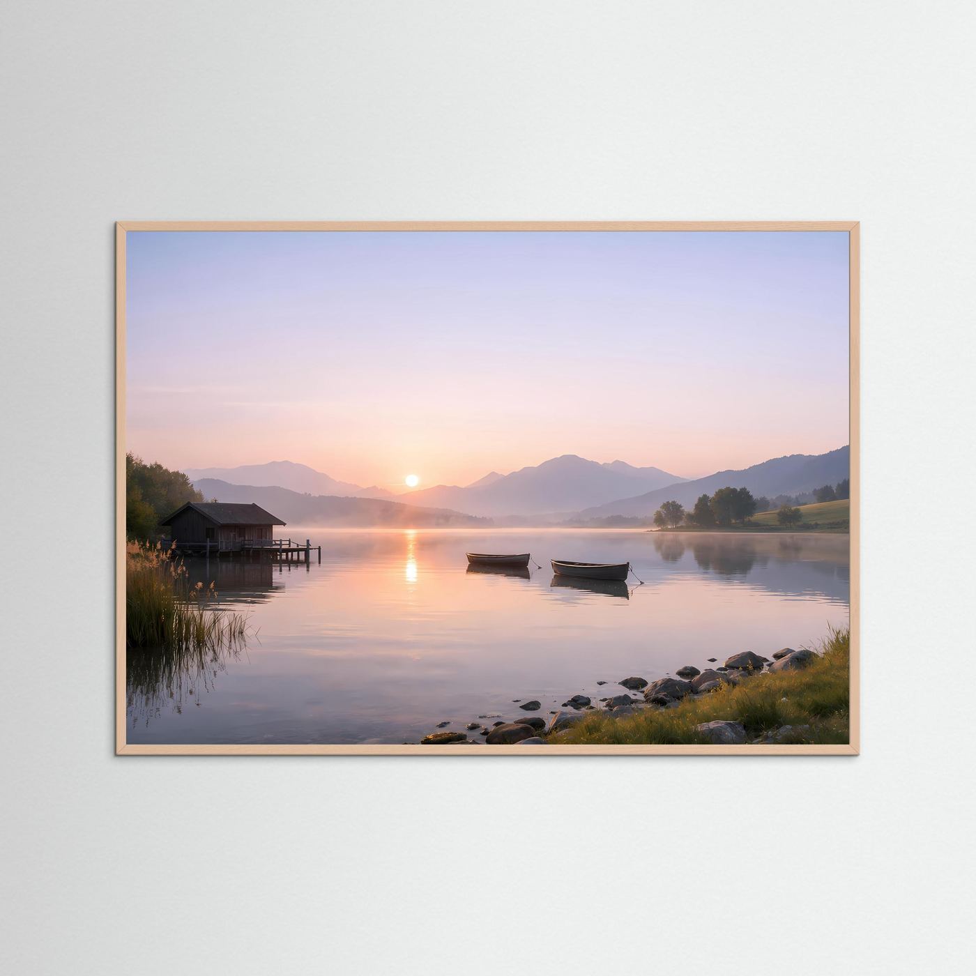 Sanfter Sonnenaufgang am Steg | Boote & See Panorama Poster Querformat