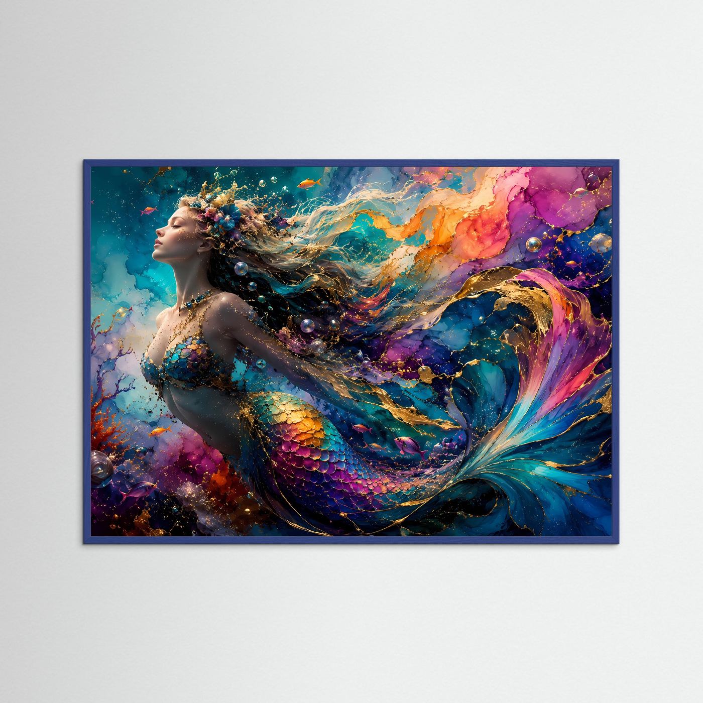 Meerjungfrau Poster | Farbenfrohe Unterwasser Fantasy Kunst | Mystische Sirene Wandbild | Ozean Leinwand | Luxuriöse Mermaid Wall Art