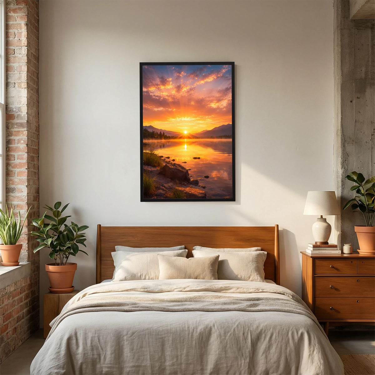 Hochformat-Poster Sonnenuntergang am Bergsee im schwarzen Rahmen