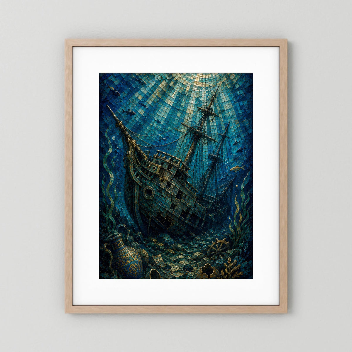 Gerahmtes Poster mit hellem Holzrahmen: versunkenes Segelschiff im Mosaik, blau