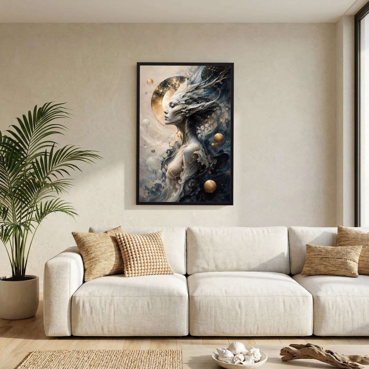 Kosmische Göttin | Mystische Fantasy Frau in Schwarz Gold | Poster Hochformat
