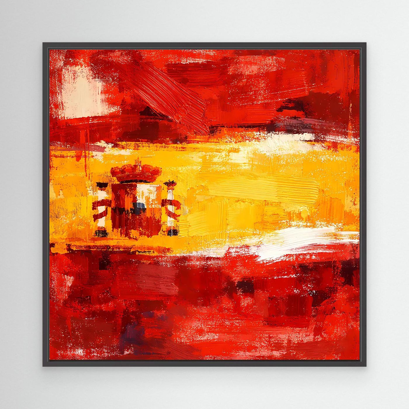 Abstract canvas wall art: red and yellow Spain flag brushstrokes, black frame