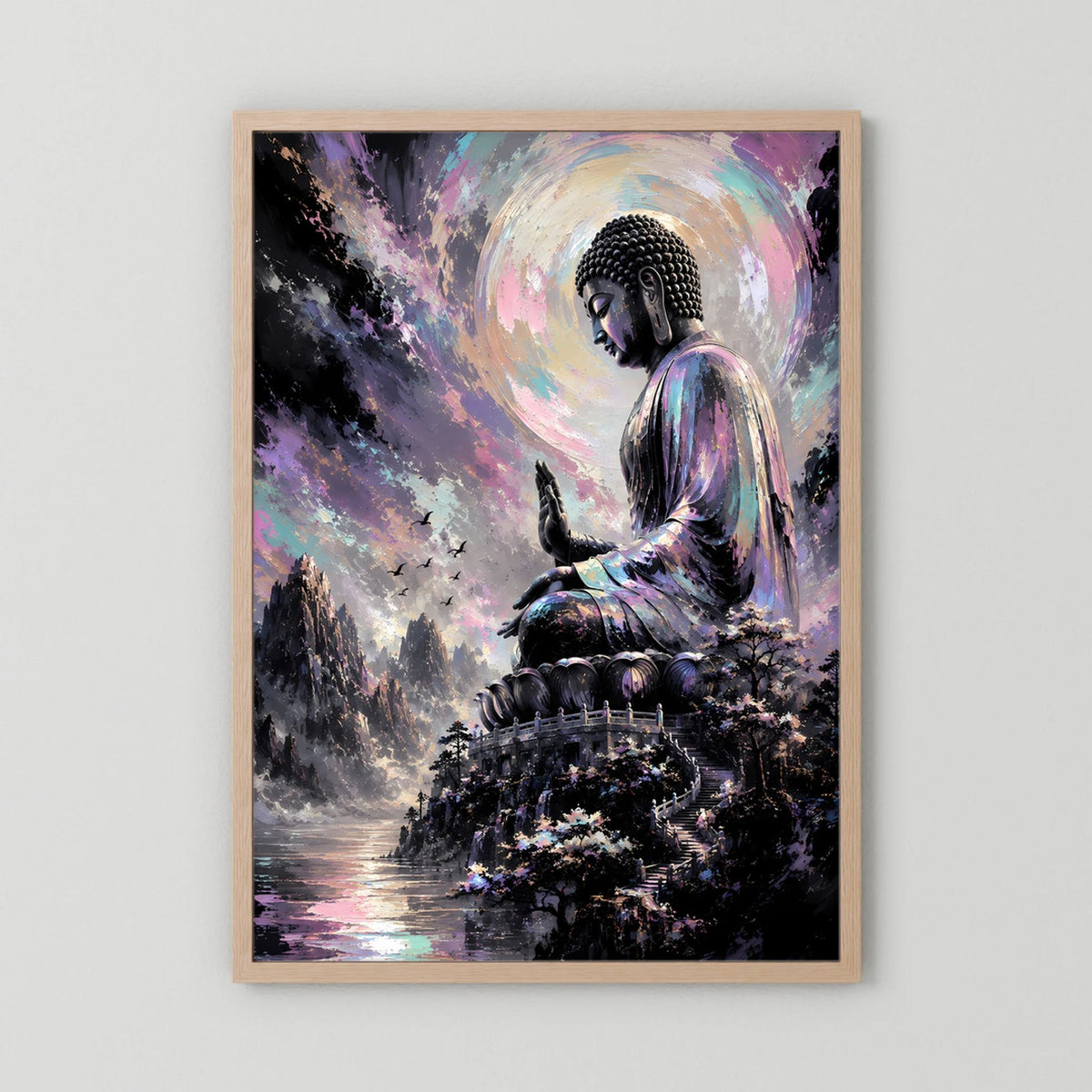Kunstposter mit meditierendem Buddha in Pastellfarben, hellbrauner Holzrahmen
