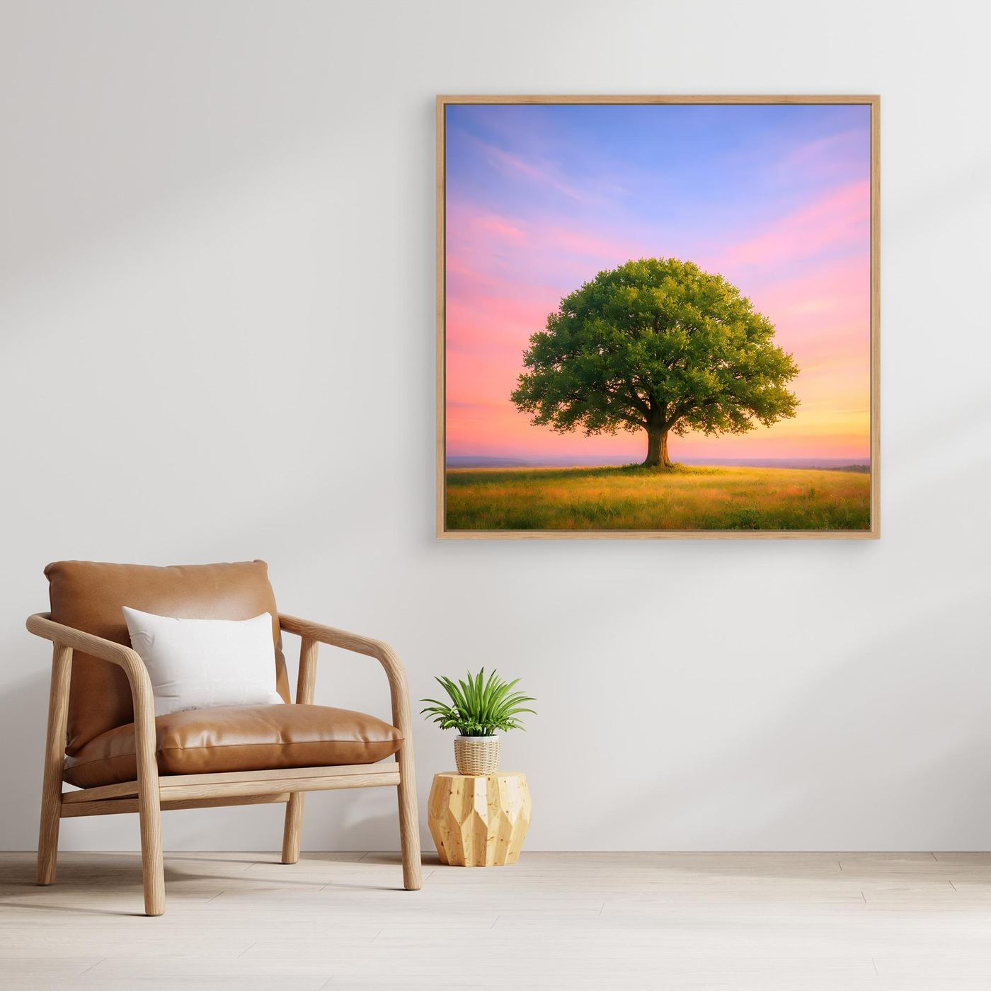 Leinwandbild: Baum auf Wiese mit rosafarbenem Himmel, goldener Rahmen
