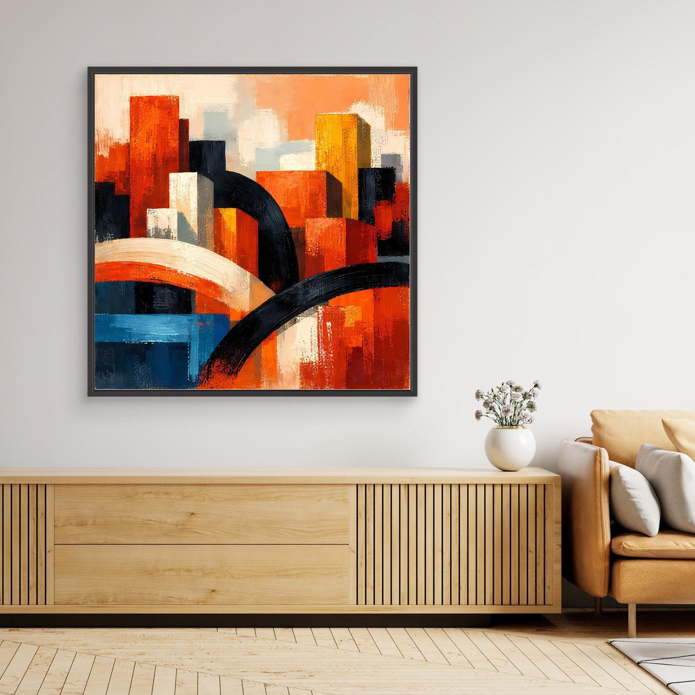 Abstraktes Skyline-Leinwandbild, orange und blau, schwarz gerahmt