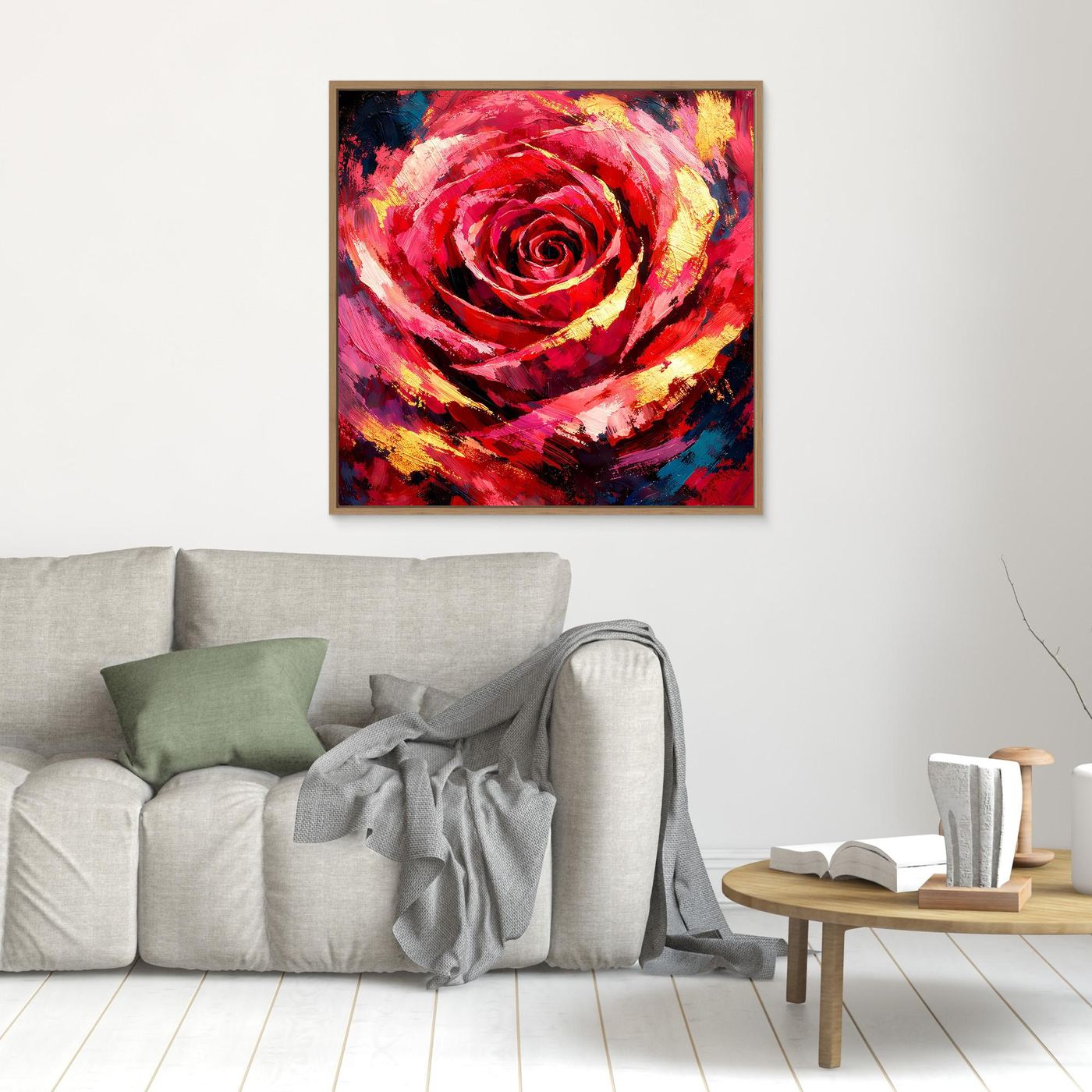 Leinwandbild mit abstrakter Rosenblüte, Rot- und Gelbstriche, brauner Rahmen im Raum
