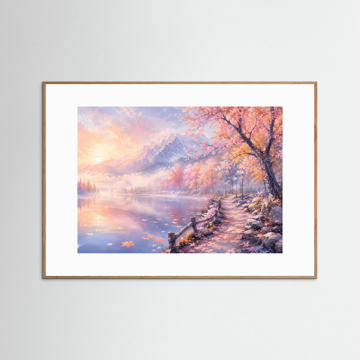 Pastell Alpen am Spiegelsee | Romantisches Berglandschaft Panorama Poster Querformat in Rosa & Gold