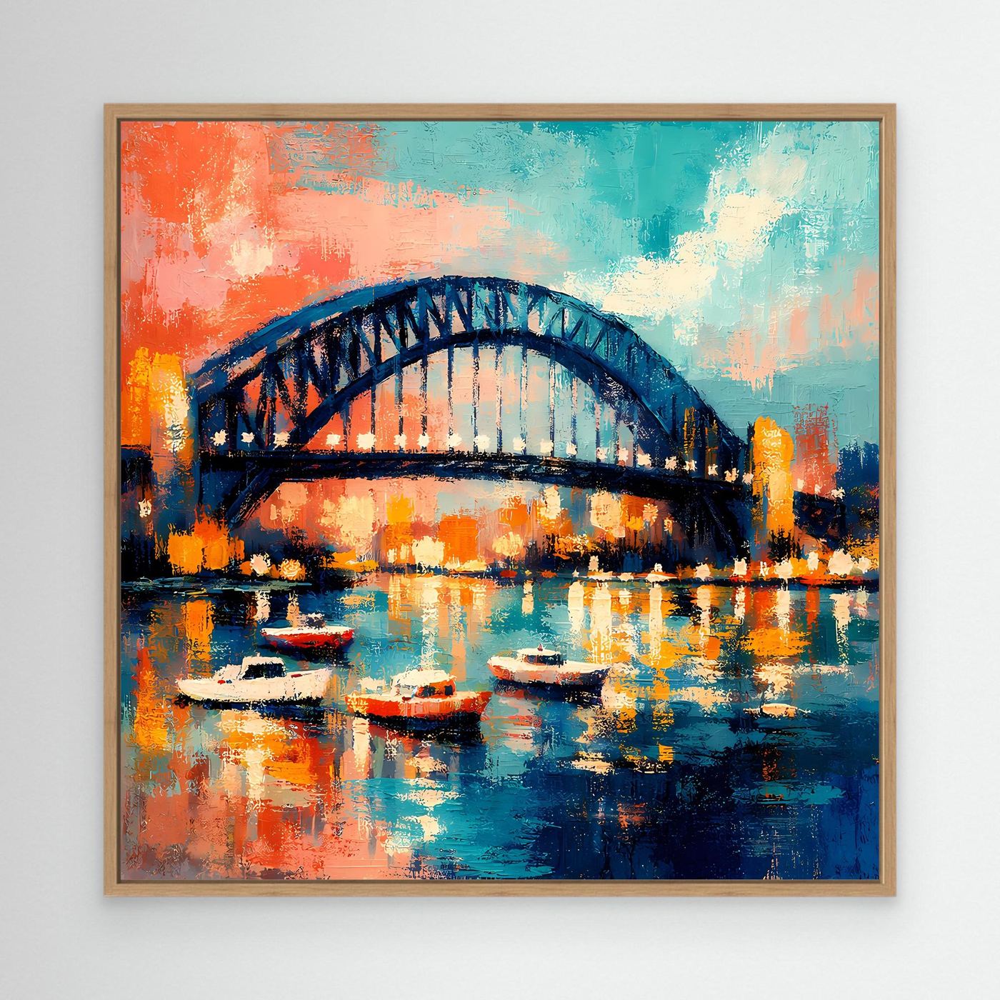 Abstraktes Leinwandbild mit Harbour-Brücke, Booten und farbigen Lichtern im Wasser, Eichenrahmen