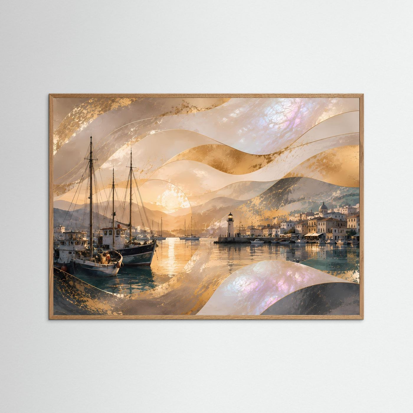 Hafen-Poster im Querformat in hellem Holrahmen: Segelboote, Hafen und Leuchtturm bei Sonnenuntergang.