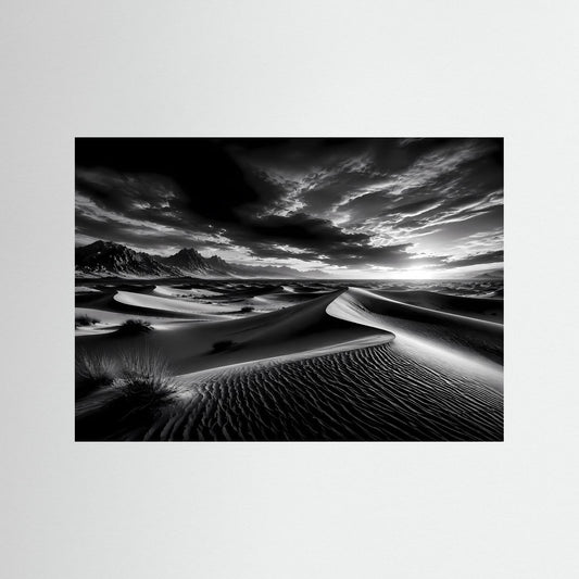 Schwarz-weißes Wüstenfoto-Poster mit Dünenlandschaft, ohne sichtbaren Rahmen