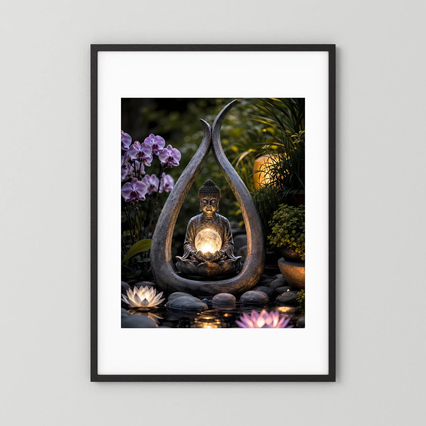Poster im schwarzen Rahmen mit weißem Rand: Buddha mit goldener Lichtkugel, Lotus und violetten Orchideen