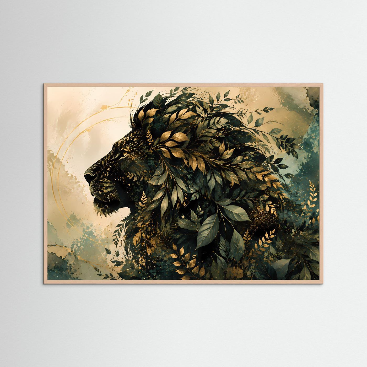 Löwe aus Blättern Poster | Botanischer Löwenkopf mit Goldakzenten | Elegante Tier Wandkunst | Abstrakte Naturkunst | Premium Leinwand & Wall Art