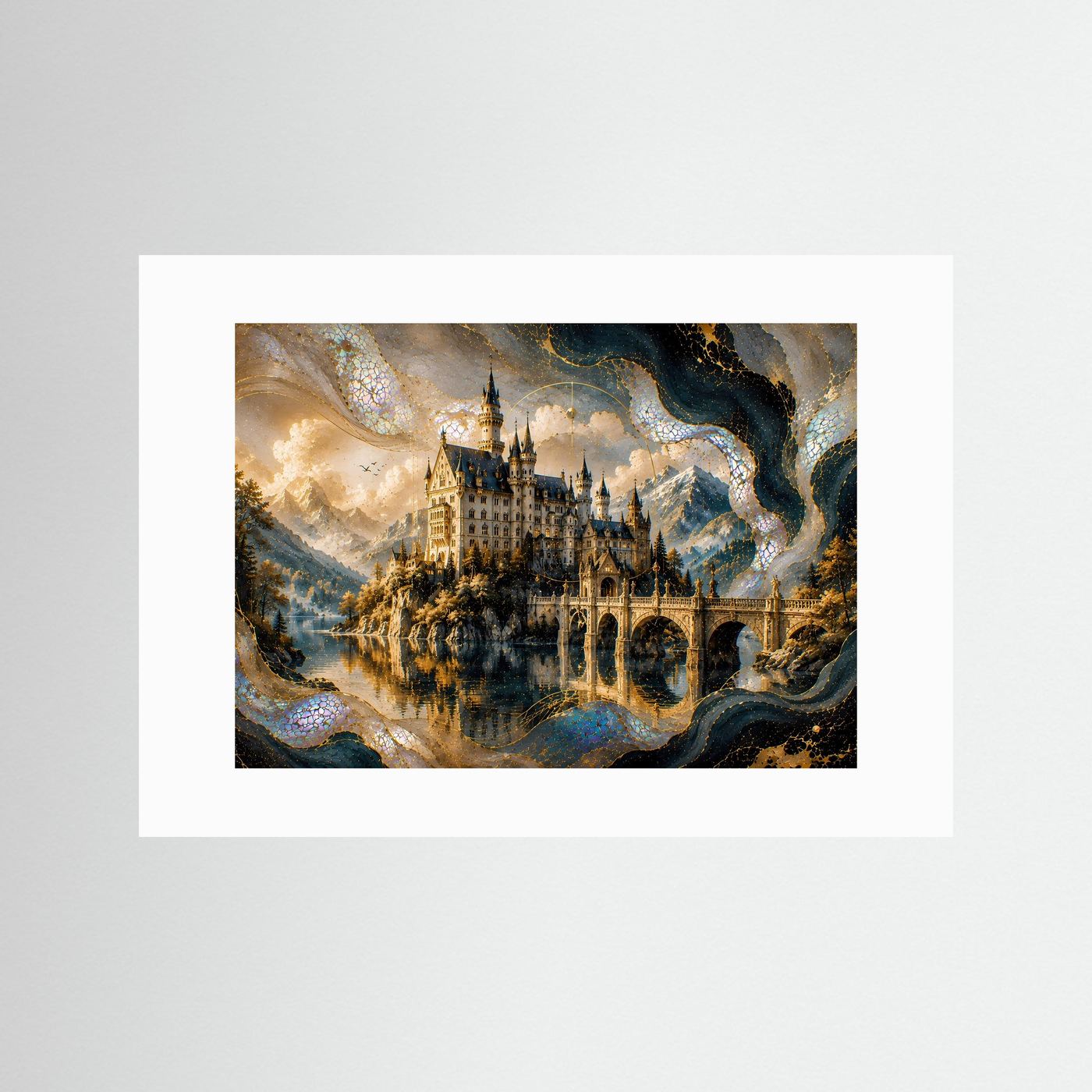 Poster im Querformat mit weißem Passepartout und Märchenschloss am See in Gold- und Perlmutttönen.