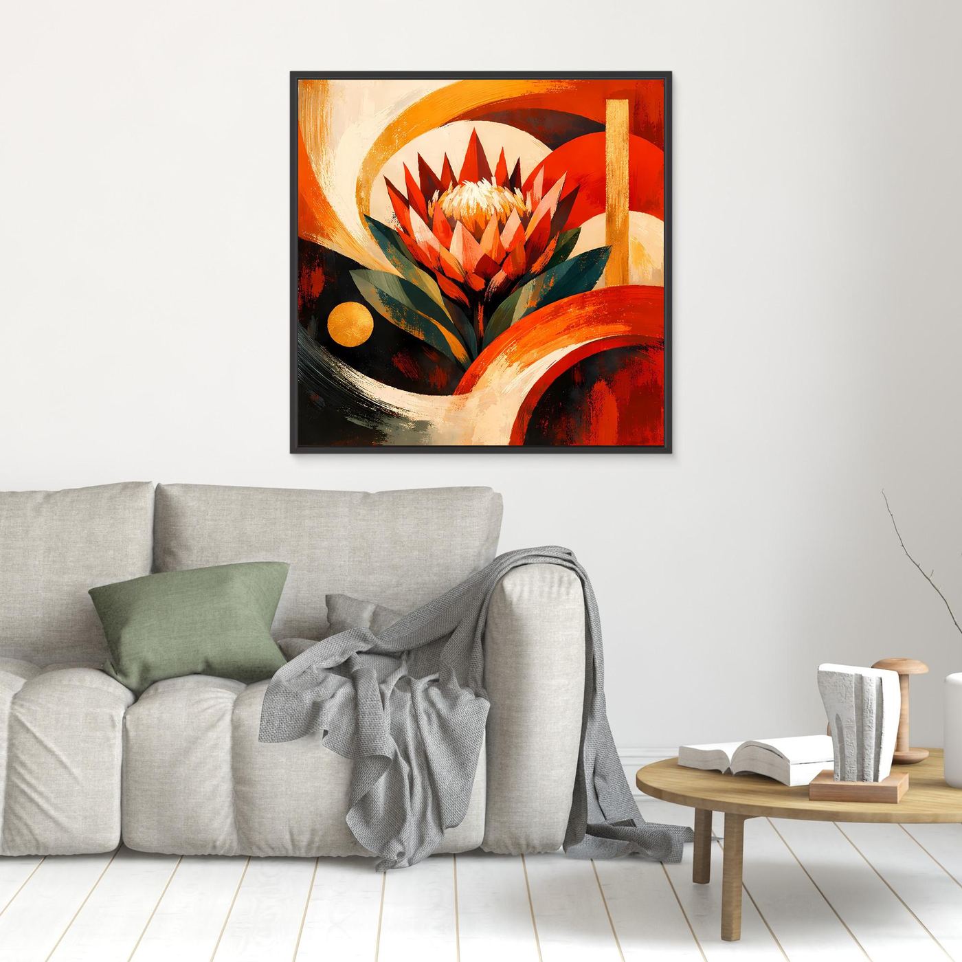 Kleines Leinwandbild mit abstrakter Protea, schwarzer Rahmen, rote Blüten und goldene Bögen