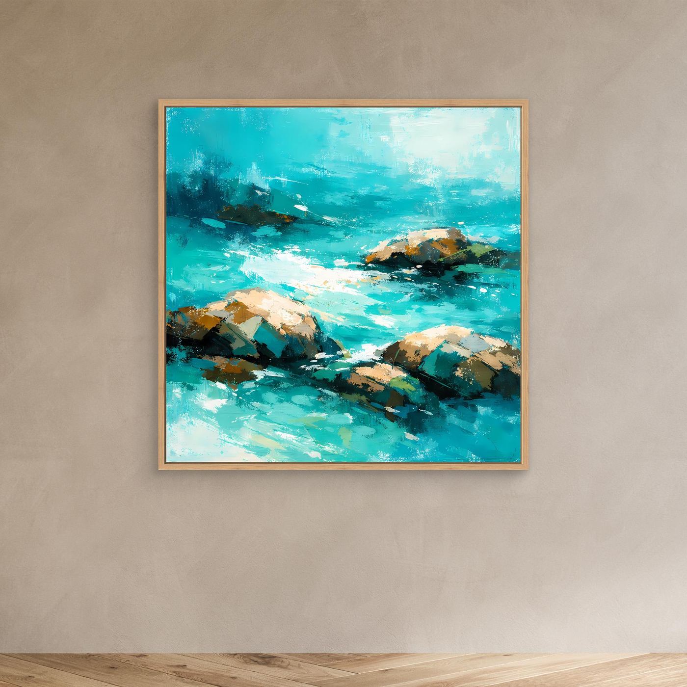 Leinwand Abstrakte Meereslandschaft mit Felsen | Modernes Küsten Wandbild Türkis