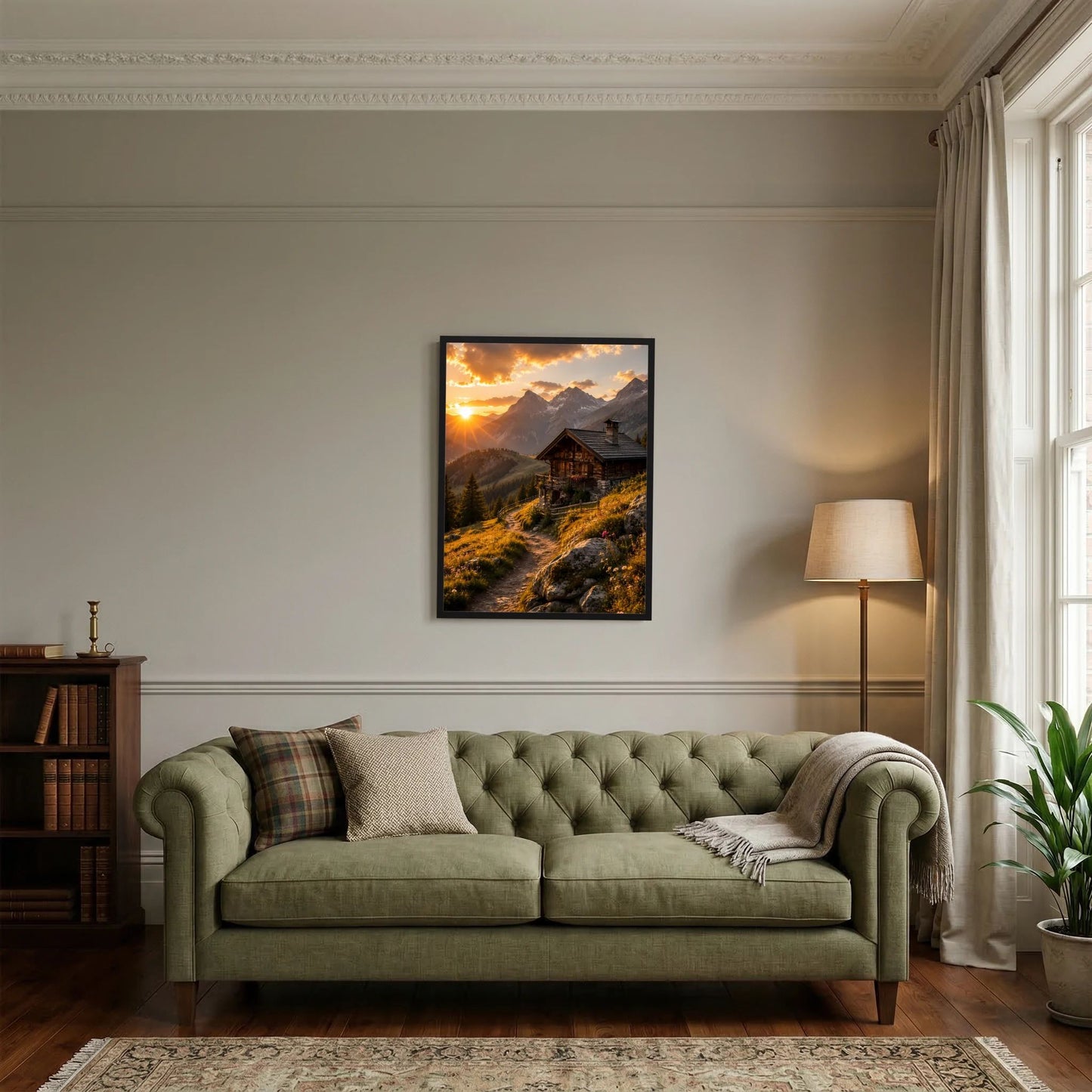 Gerahmtes Poster mit Berghütte und goldenem Sonnenuntergang, schwarzer Rahmen