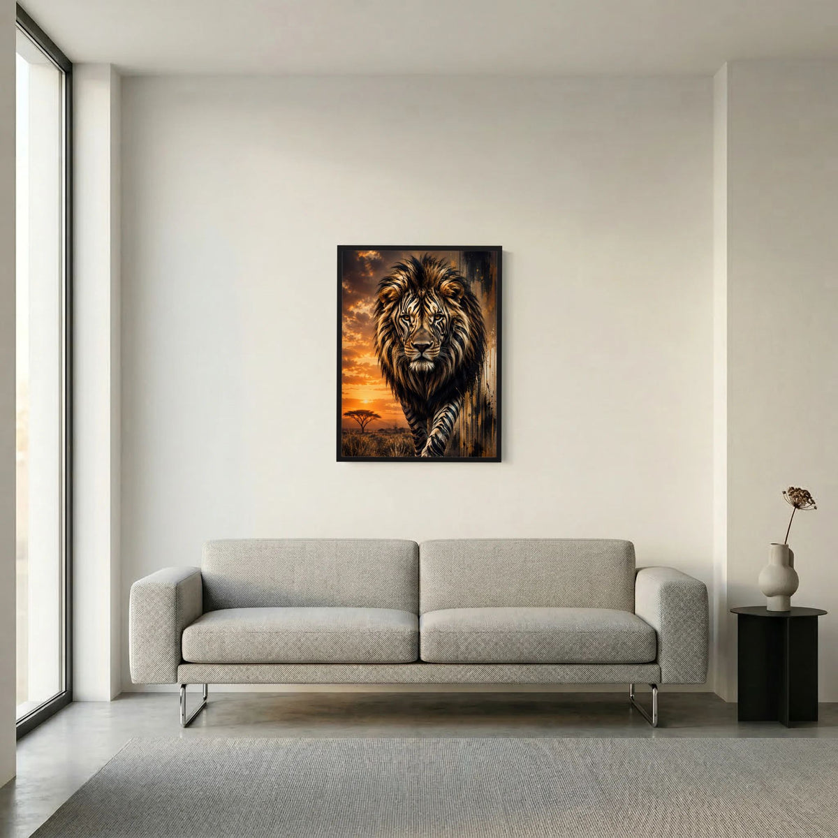 Löwenposter mit Zebramuster, Löwe frontal vor Sonnenuntergangshimmel, schwarzer Rahmen