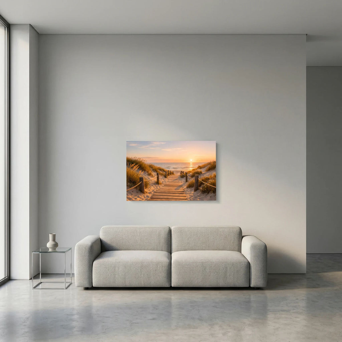 Wandbild mit Sonnenuntergang über Dünen und Holzsteg zum Meer