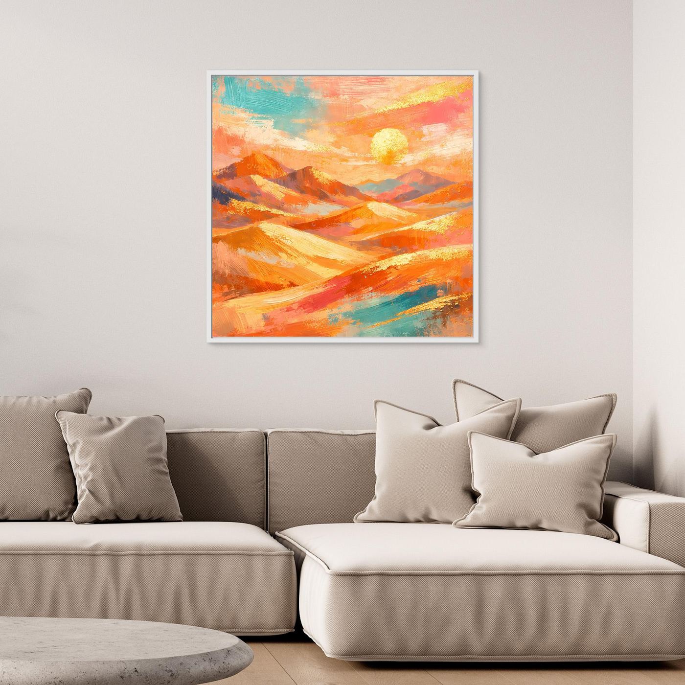 Quadratisches Leinwandbild mit abstrakten Dünen und Bergen, pastellige Sonnenuntergangsfarben