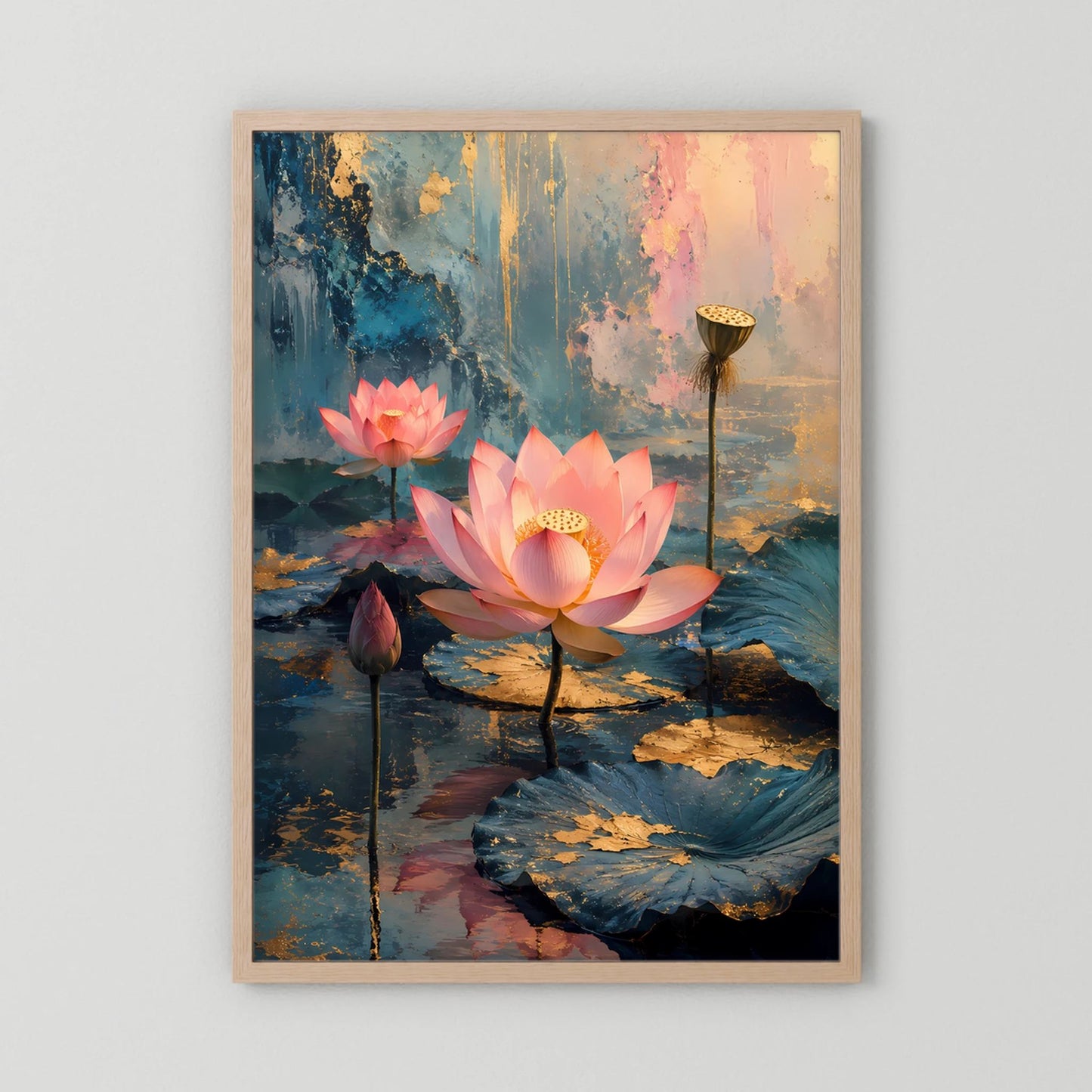 Gerahmtes Poster mit rosa Lotusblüten und goldenen Akzenten