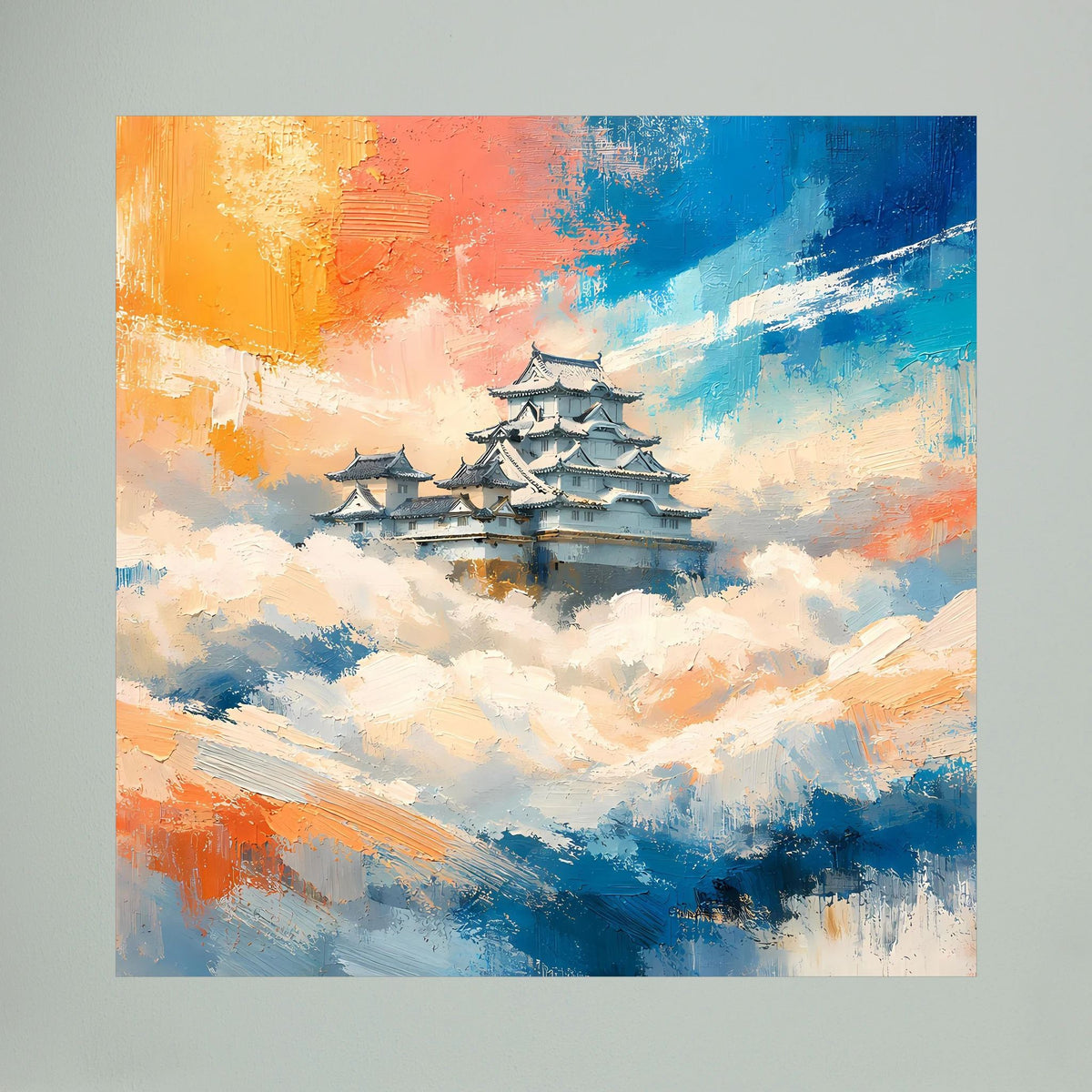 Wandbild auf Leinwand mit japanischer Burg über Wolken, kräftige Blau-Orange Farbflächen