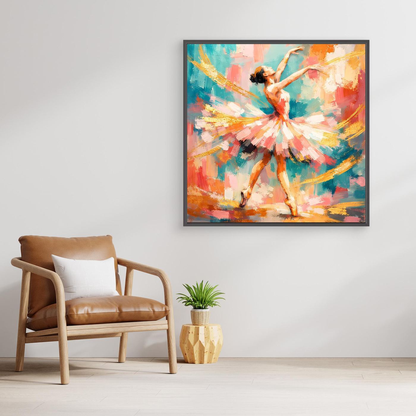 Buntes Leinwandbild mit abstrakter Ballerina, türkis und orange, dunkle Rahmung
